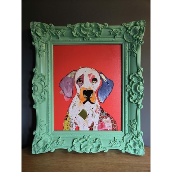 Schilderij Beagle in Groene Barok Lijst 60x70cm handgeschilderd
