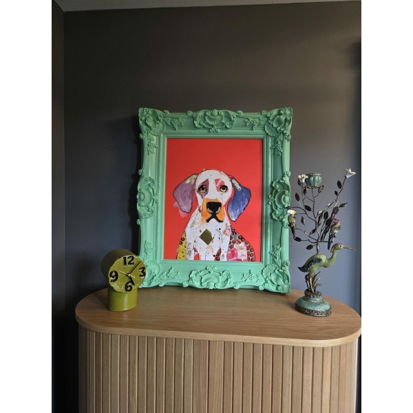 Schilderij Beagle in Groene Barok Lijst 60x70cm handgeschilderd