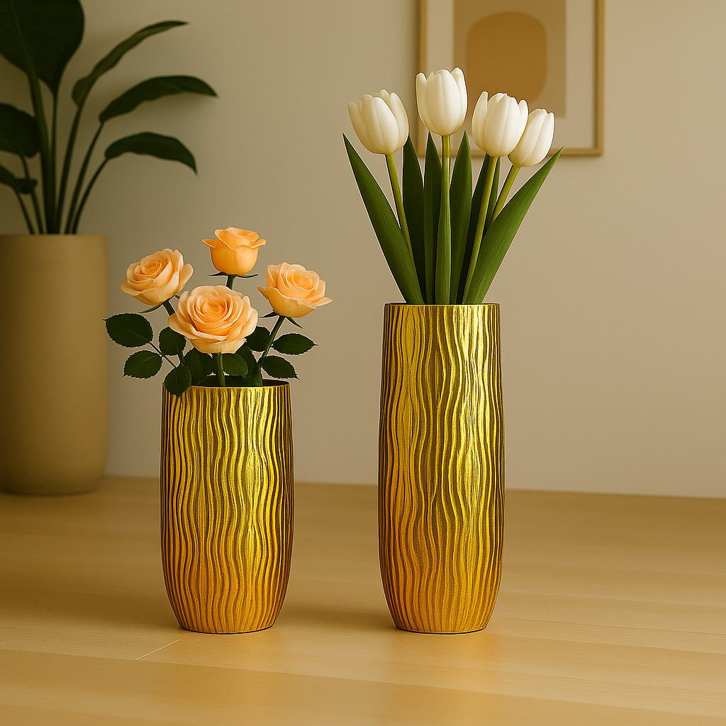 Gouden vaas gestreept in polyresine 36x36x90cm