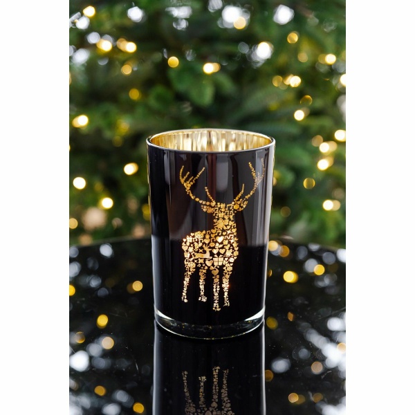 Lantaarn Fancy (hoogte 18 cm, ø 12 cm), theelichtglas met hertenmotief, buiten zwart/binnen goud