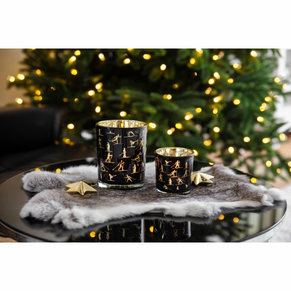 Set van 2 theelichtglazen Monty (hoogte 8 cm, ø 7,5 cm), lantaarn met skimotief, goud/zwart