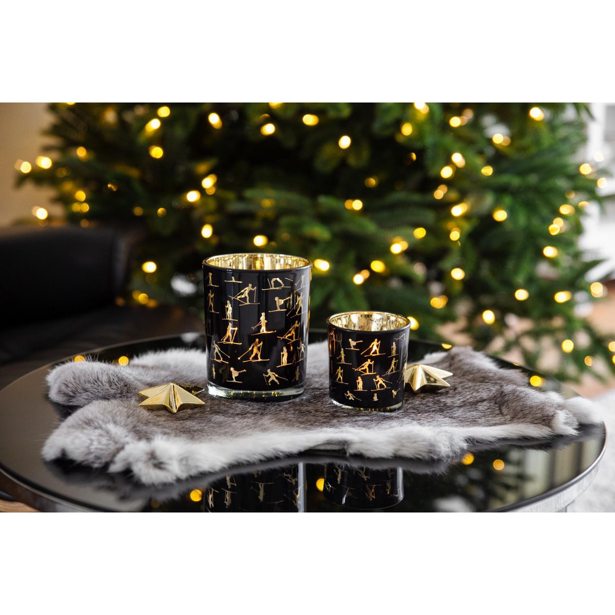 Set van 2 theelichtglazen Monty (hoogte 8 cm, ø 7,5 cm), lantaarn met skimotief, goud/zwart