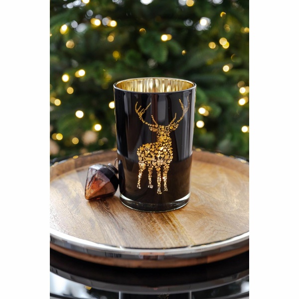Lantaarn Fancy (hoogte 18 cm, ø 12 cm), theelichtglas met hertenmotief, buiten zwart/binnen goud