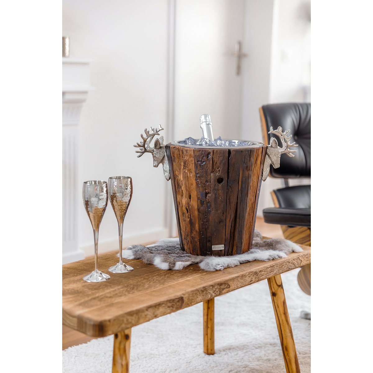 EDZARD champagnekoeler Milwaukee met 2 hertenkoppen, teak, RVS glanzend vernikkeld, hoogte 30 cm