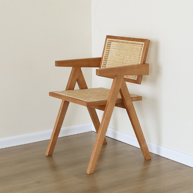 stoel Pierre Jeanneret blank eikenkleur + rotan, hoge kwaliteit