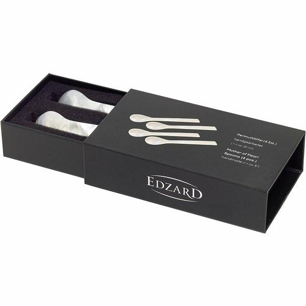 EDZARD set van 4 paarlemoeren lepels kaviaarlepels eierlepels, rechte hoeken, lengte 12 cm