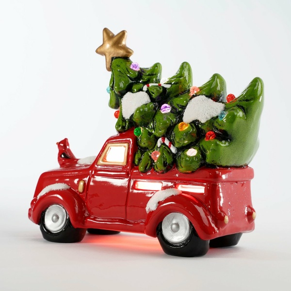 Decoratie Vrachtwagen met Verlichting - L21 x B10 x H17 cm - Keramiek - Rood