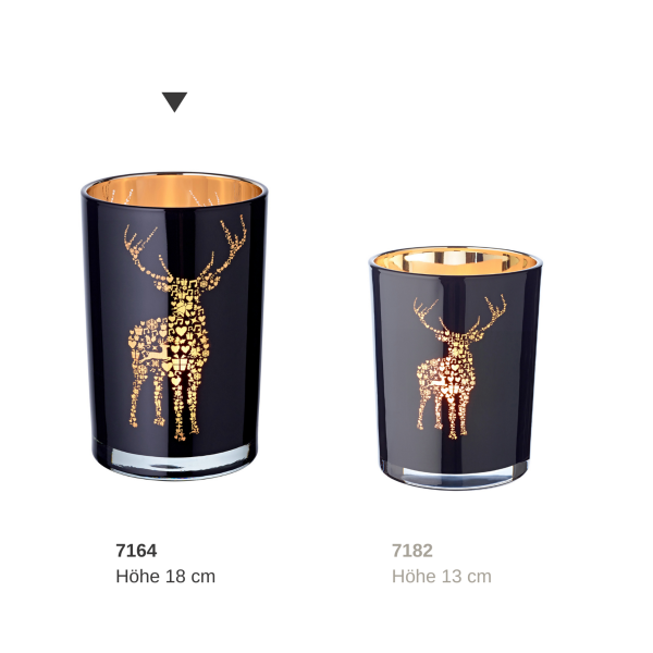 Lantaarn Fancy (hoogte 18 cm, ø 12 cm), theelichtglas met hertenmotief, buiten zwart/binnen goud