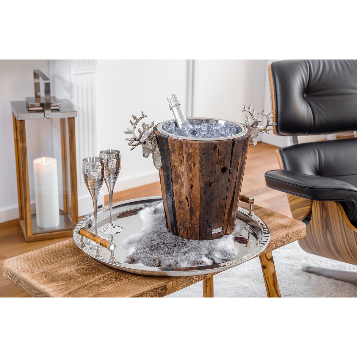 EDZARD champagnekoeler Milwaukee met 2 hertenkoppen, teak, RVS glanzend vernikkeld, hoogte 30 cm