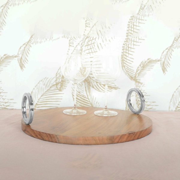 ROND HOUTEN DIENBLAD MET ZILVEREN HANDVAT 38X38X11CM