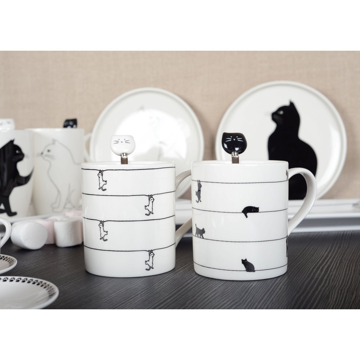 Witte theekopjes met kattenontwerp - set van 2