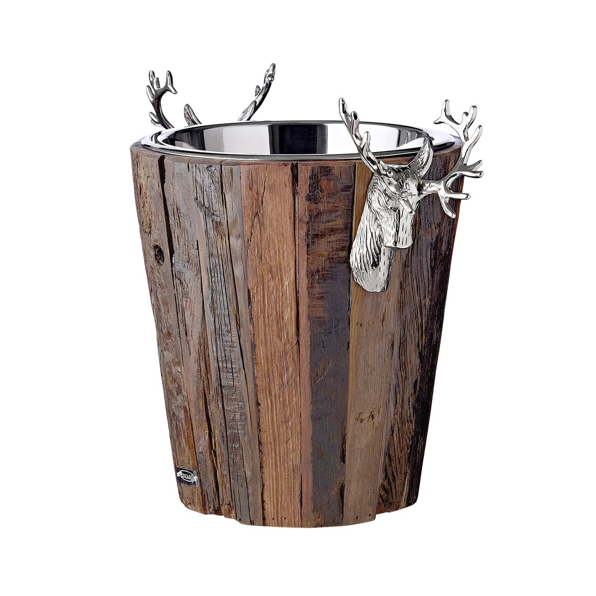 EDZARD champagnekoeler Milwaukee met 2 hertenkoppen, teak, RVS glanzend vernikkeld, hoogte 30 cm