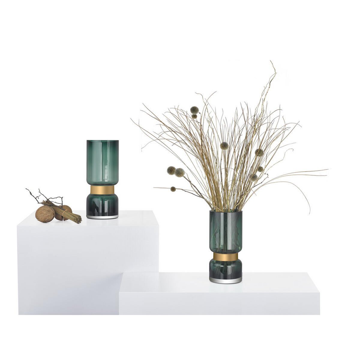 Retro futuristische, luxe grote groene glazen vaas met goud TRI 36 GE