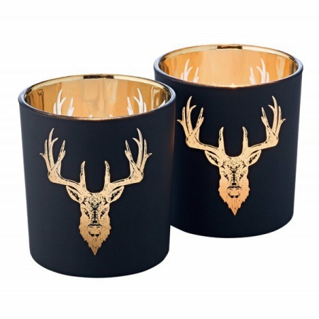 Theelicht set van 2 herten H 8 cm mat zwart