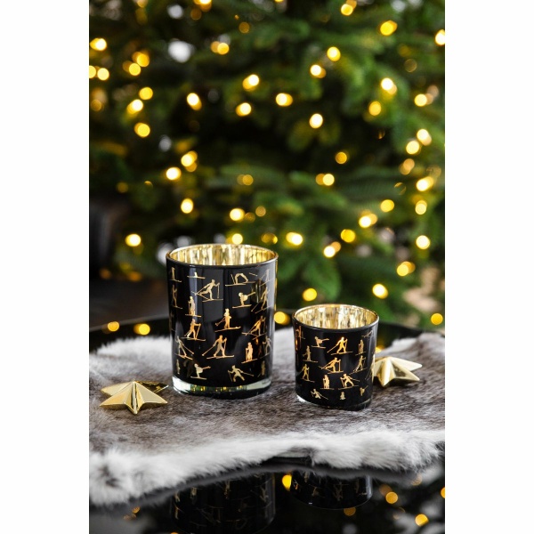Set van 2 theelichtglazen Monty (hoogte 8 cm, ø 7,5 cm), lantaarn met skimotief, goud/zwart