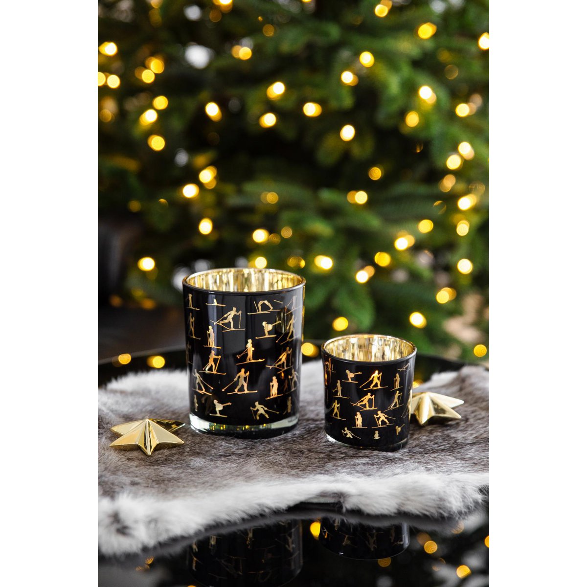 Set van 2 theelichtglazen Monty (hoogte 8 cm, ø 7,5 cm), lantaarn met skimotief, goud/zwart