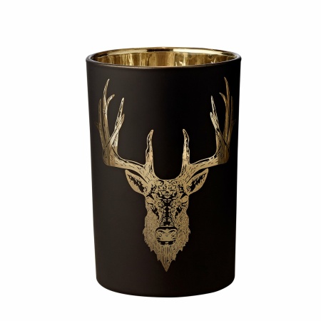 EDZARD orkaan lamp waxinelichthouder theelicht glas bos, hertenmotief, mat zwart/goud, hoogte 18 cm