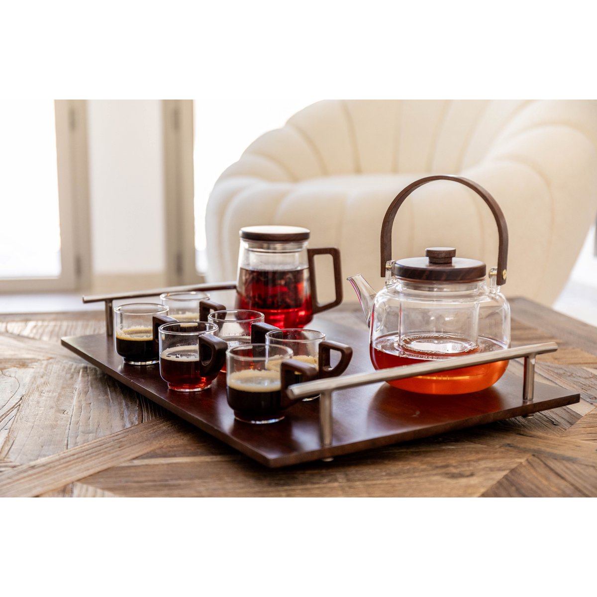 Glazen koffiekopjes met houten handvat 5,5x5.5x8,3 cm - veel 6