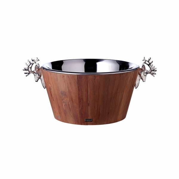 Fleskoeler Franklin (hoogte 25 cm, Ø 47 cm), teak, roestvrij staal, glanzende nikkel -plated