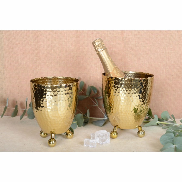 Gouden champagne -emmer gehamerd op ronde voeten - 18x18x22cm