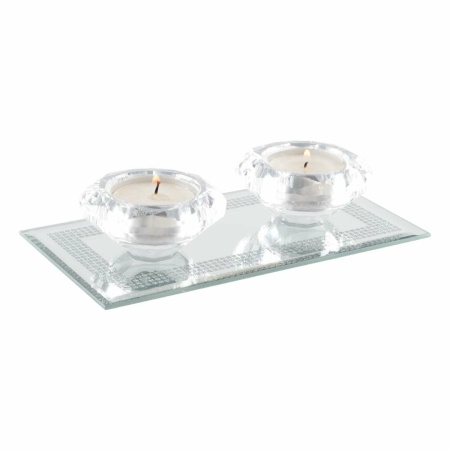 Double Crystal Candle Holder op Silver Mirror Rechthoekondersteuning