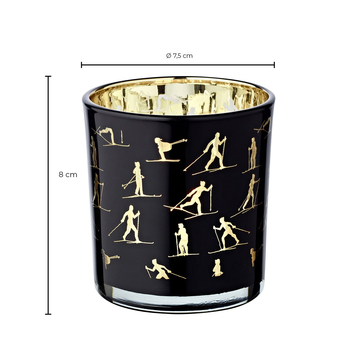 Set van 2 theelichtglazen Monty (hoogte 8 cm, ø 7,5 cm), lantaarn met skimotief, goud/zwart