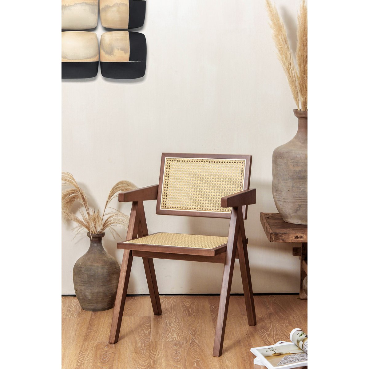 stoel Pierre Jeanneret hout + rotan, hoge kwaliteit