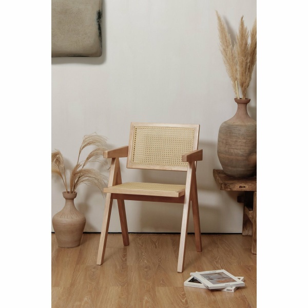 stoel Pierre Jeanneret blank eikenkleur + rotan, hoge kwaliteit