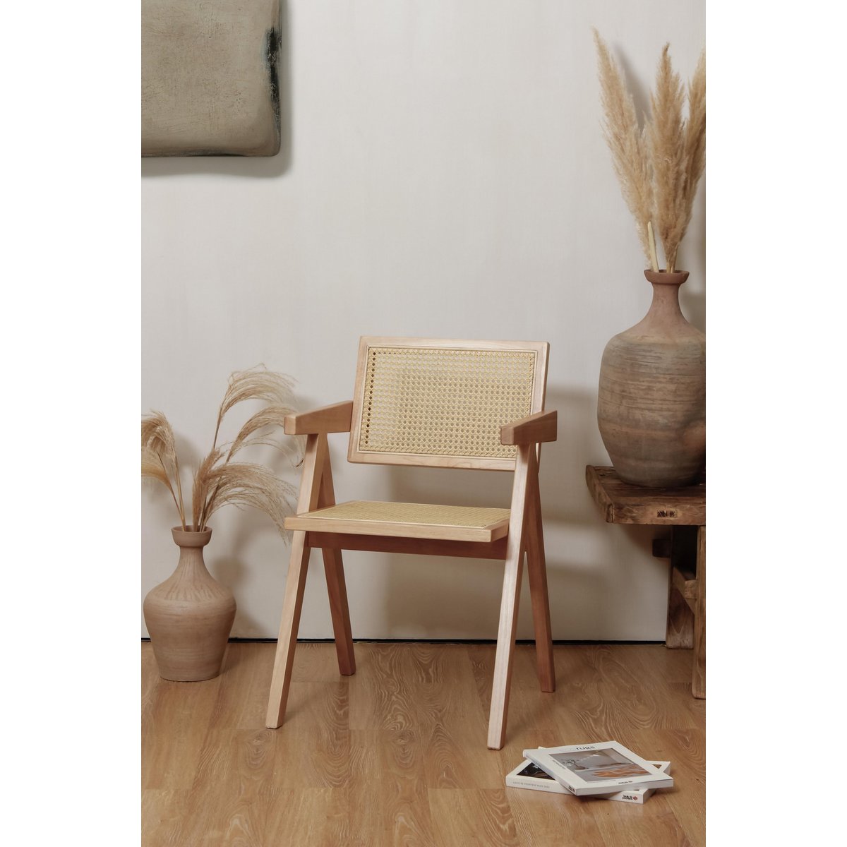 stoel Pierre Jeanneret blank eikenkleur + rotan, hoge kwaliteit