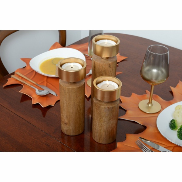 Hout- en gouden metalen kandelaar 23 cm
