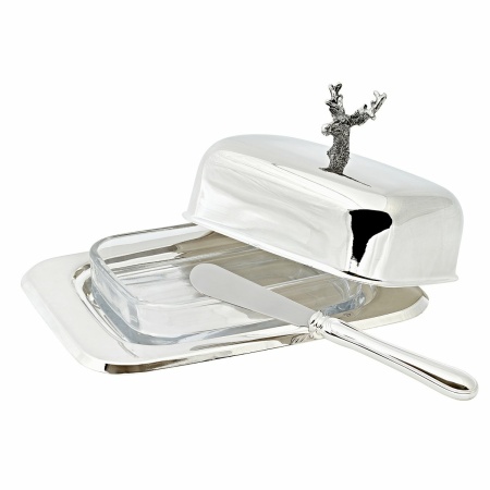 EDZARD botervloot hert 13x18 cm, H 8 cm, glazen inzetstuk, verzilverd, met botermes