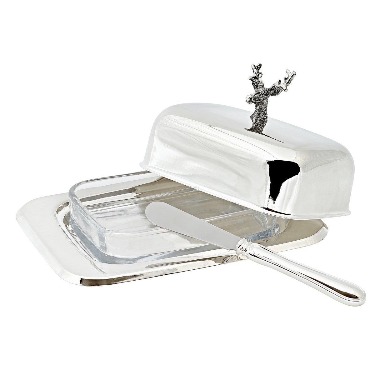 EDZARD botervloot hert 13x18 cm, H 8 cm, glazen inzetstuk, verzilverd, met botermes