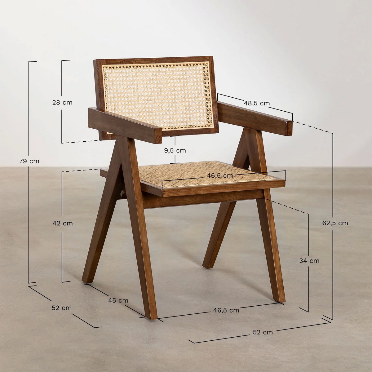 stoel Pierre Jeanneret blank eikenkleur + rotan, hoge kwaliteit