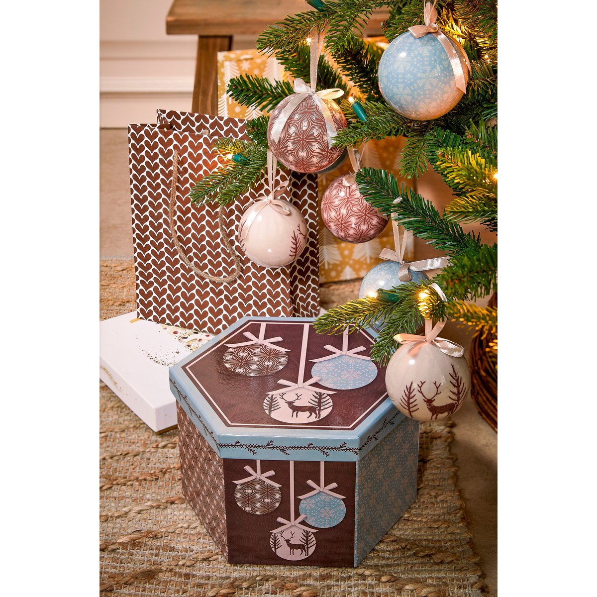 Kerstballen Cadeauset - 14 Stuks - Ø8 cm - Onbreekbaar - Lichtblauw, Bruin