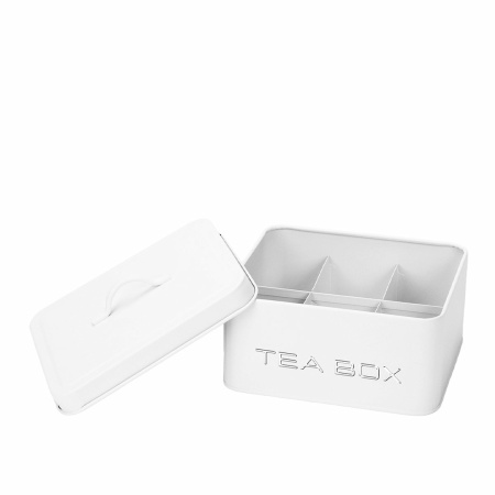 Theebox 6 witte en zilveren compartimenten 18x15.5x8cm
