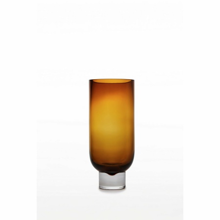Moderne luxe cilindervormige vaas op stevige voet, sober design, amberkleur, OMA28AM