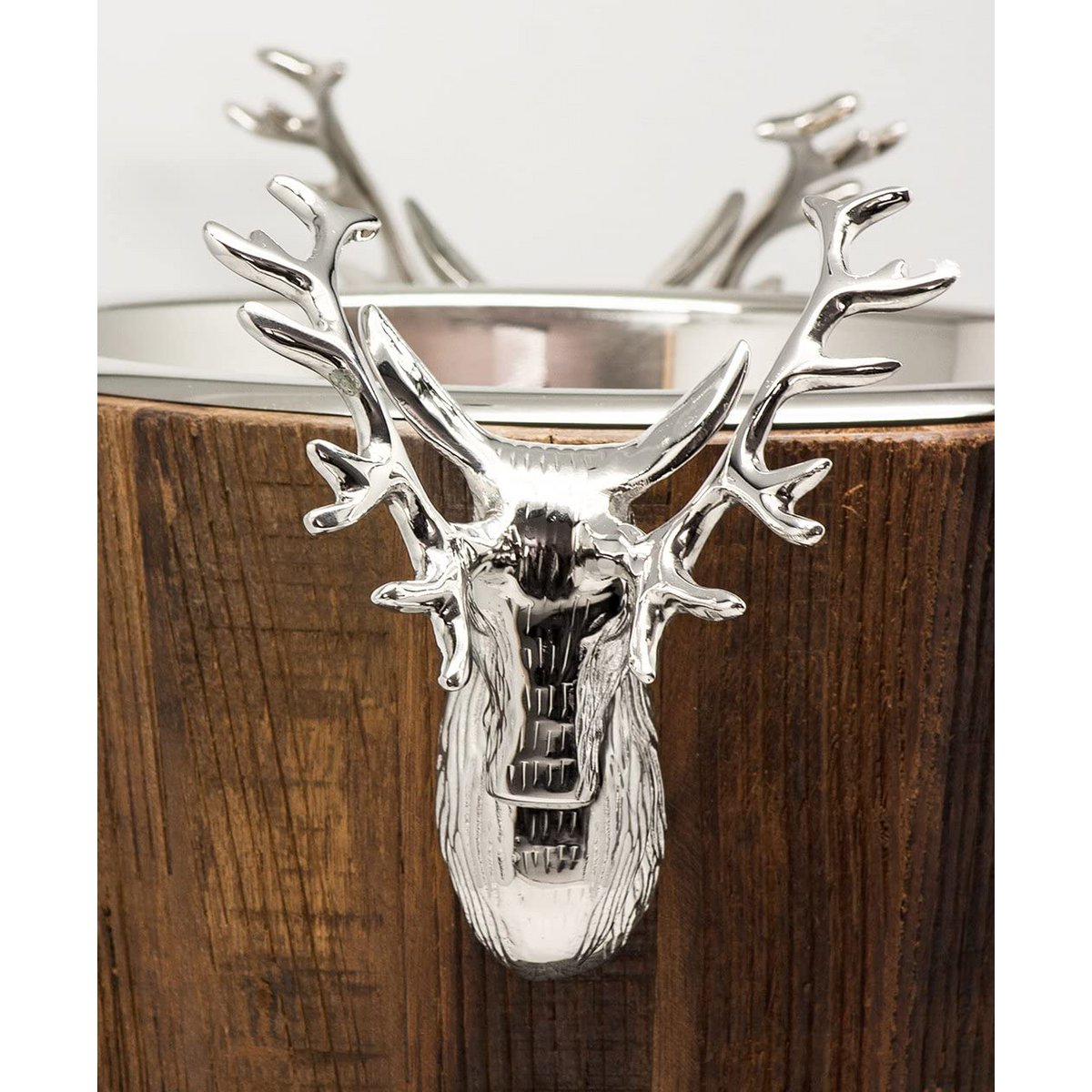 EDZARD champagnekoeler Milwaukee met 2 hertenkoppen, teak, RVS glanzend vernikkeld, hoogte 30 cm