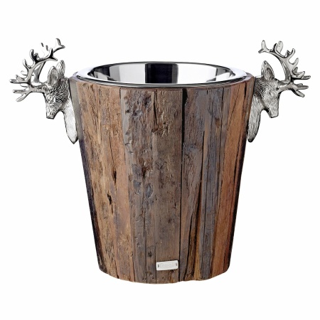 EDZARD champagnekoeler Milwaukee met 2 hertenkoppen, teak, RVS glanzend vernikkeld, hoogte 30 cm