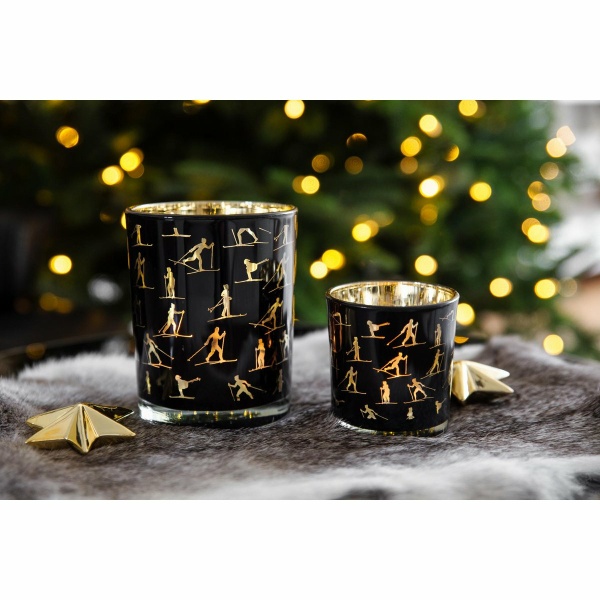 Set van 2 theelichtglazen Monty (hoogte 8 cm, ø 7,5 cm), lantaarn met skimotief, goud/zwart