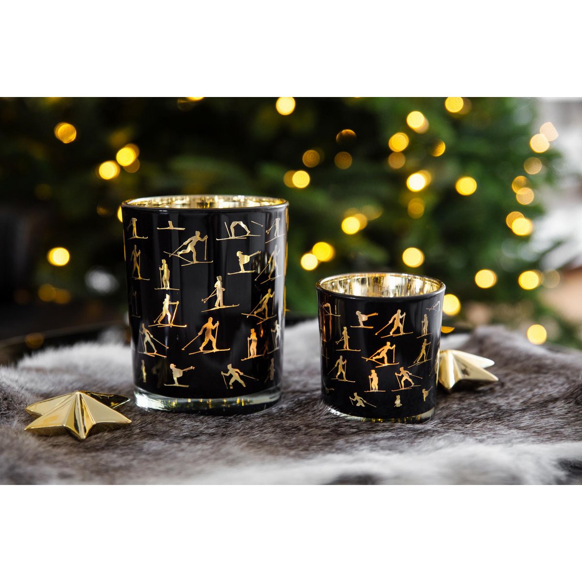 Set van 2 theelichtglazen Monty (hoogte 8 cm, ø 7,5 cm), lantaarn met skimotief, goud/zwart