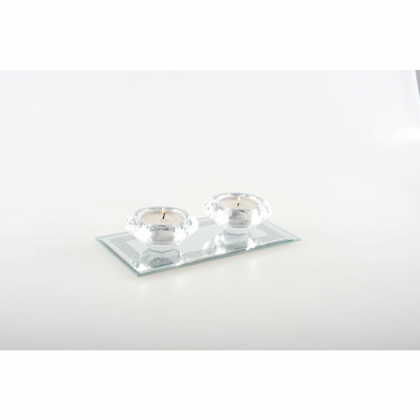 Double Crystal Candle Holder op Silver Mirror Rechthoekondersteuning