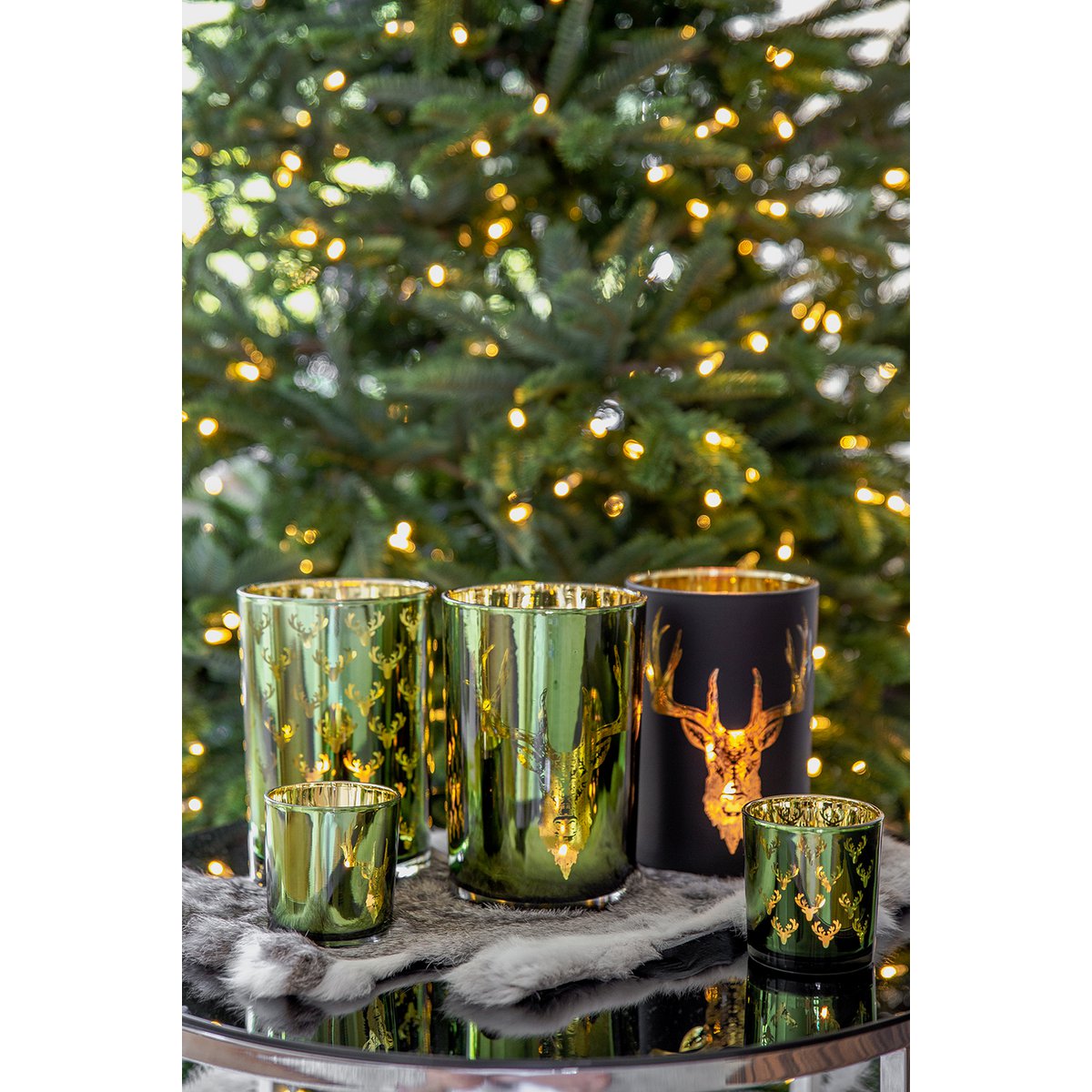 EDZARD orkaan lamp waxinelichthouder theelicht glas bos, hertenmotief, mat zwart/goud, hoogte 18 cm