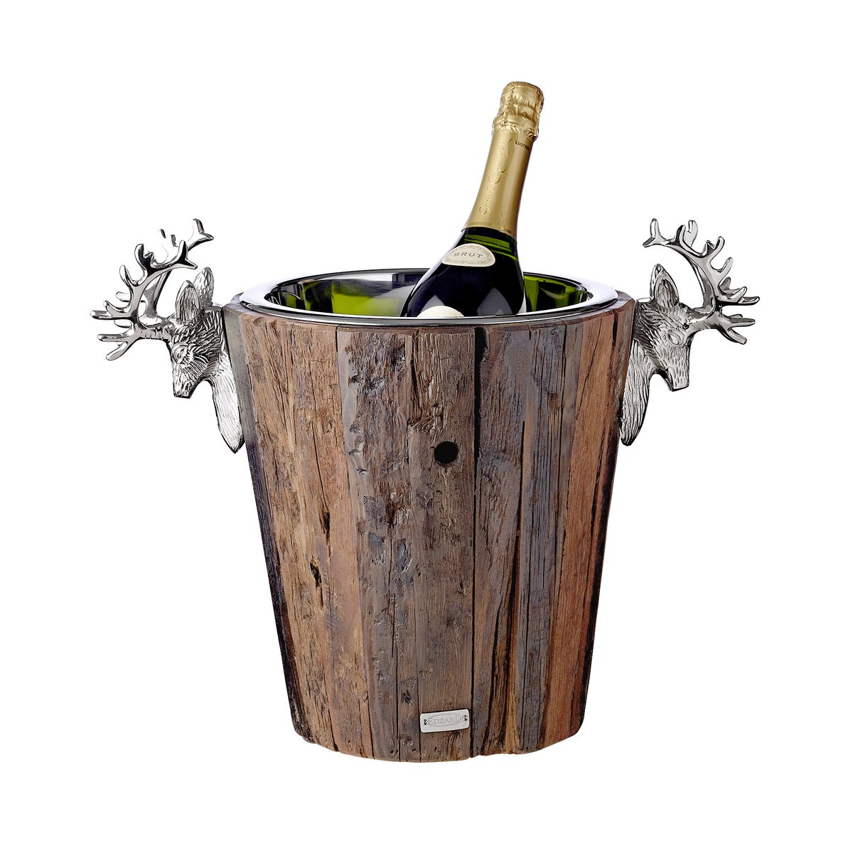 EDZARD champagnekoeler Milwaukee met 2 hertenkoppen, teak, RVS glanzend vernikkeld, hoogte 30 cm