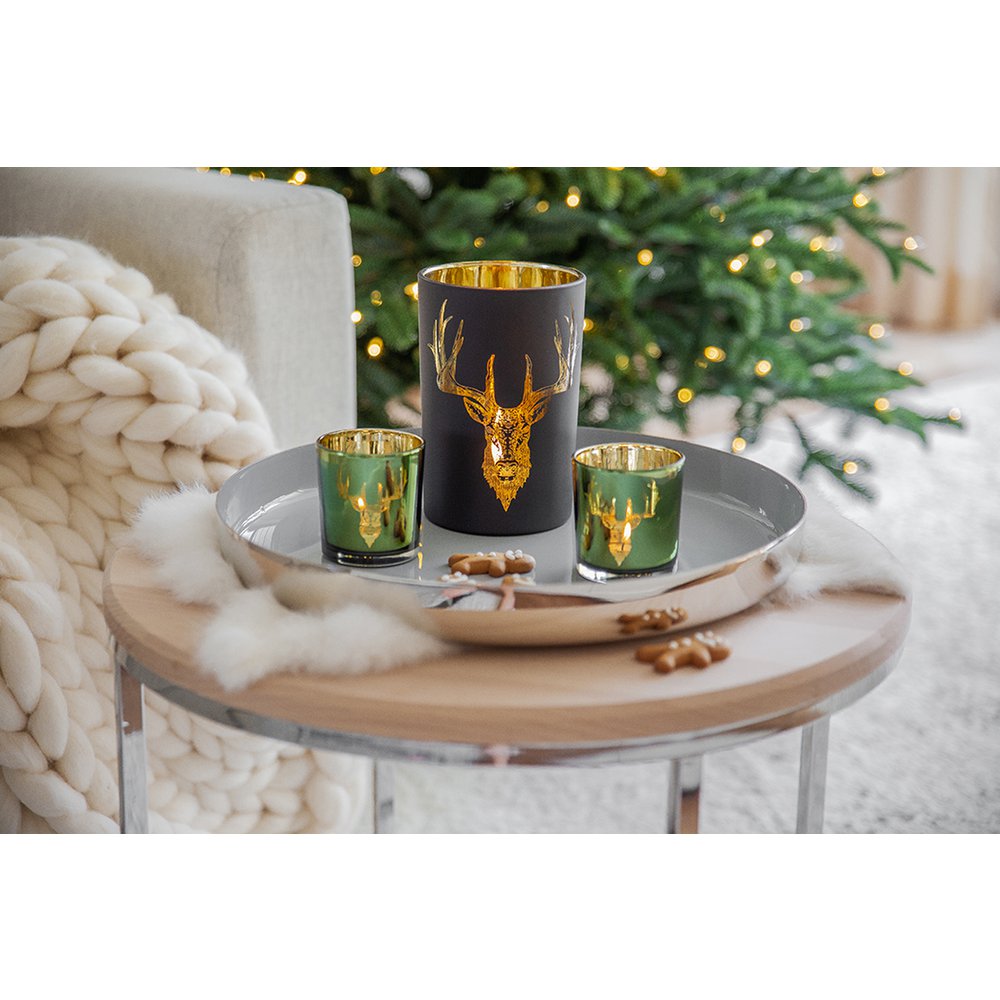 EDZARD orkaan lamp waxinelichthouder theelicht glas bos, hertenmotief, mat zwart/goud, hoogte 18 cm