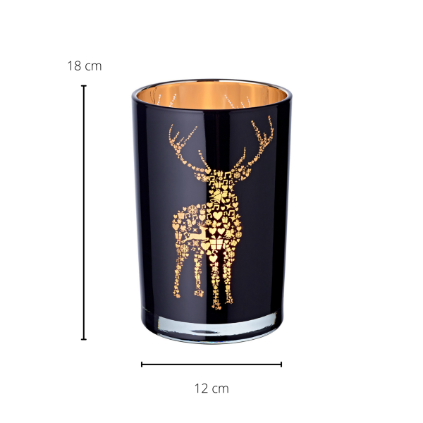 Lantaarn Fancy (hoogte 18 cm, ø 12 cm), theelichtglas met hertenmotief, buiten zwart/binnen goud