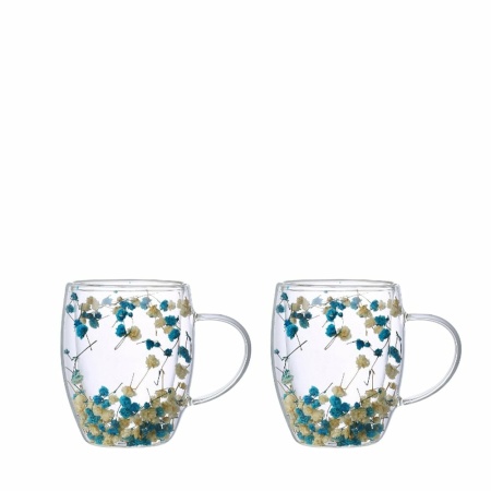 Dubbele wall theekopjes blauwe en witte bloemen 350 ml -lot van 2