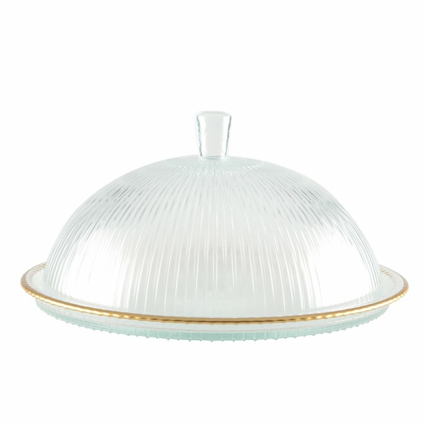 Glazen bel gouden randen op schotel 32x32x17cm