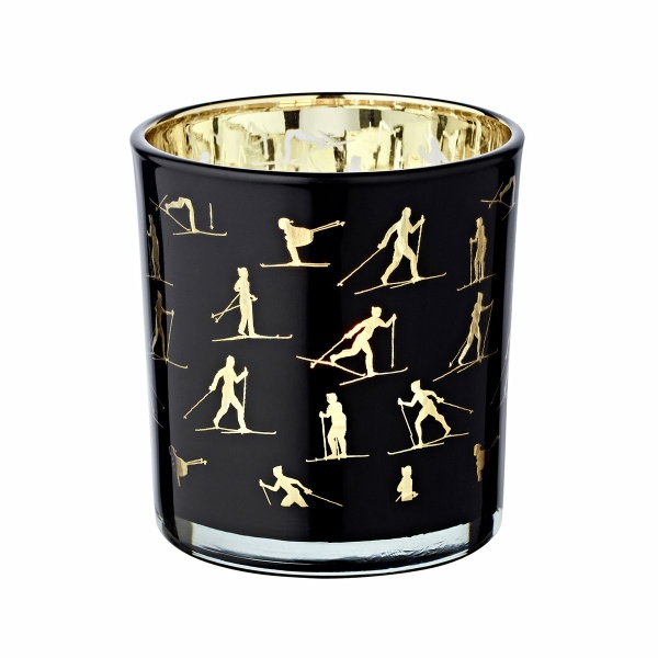 Set van 2 theelichtglazen Monty (hoogte 8 cm, ø 7,5 cm), lantaarn met skimotief, goud/zwart