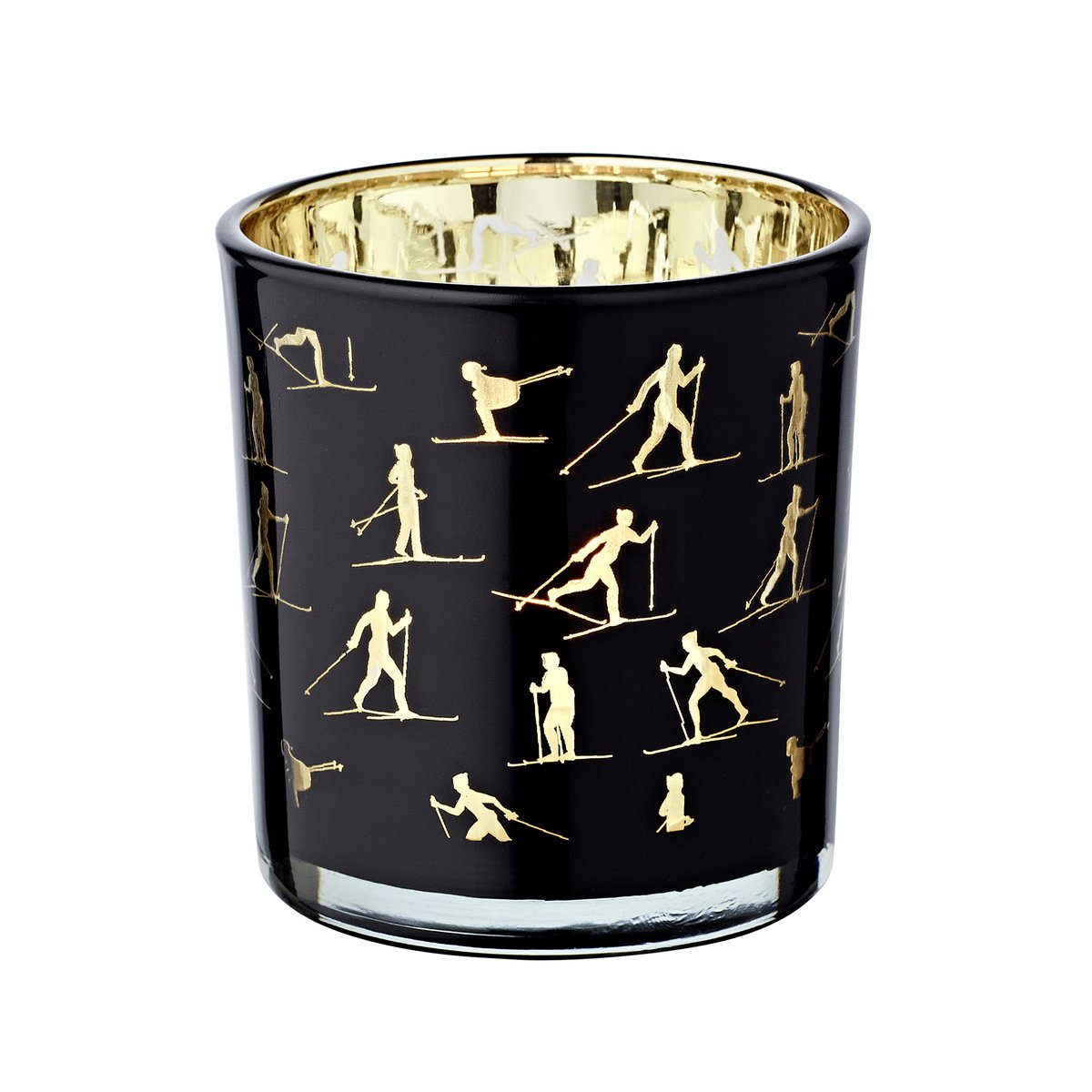 Set van 2 theelichtglazen Monty (hoogte 8 cm, ø 7,5 cm), lantaarn met skimotief, goud/zwart