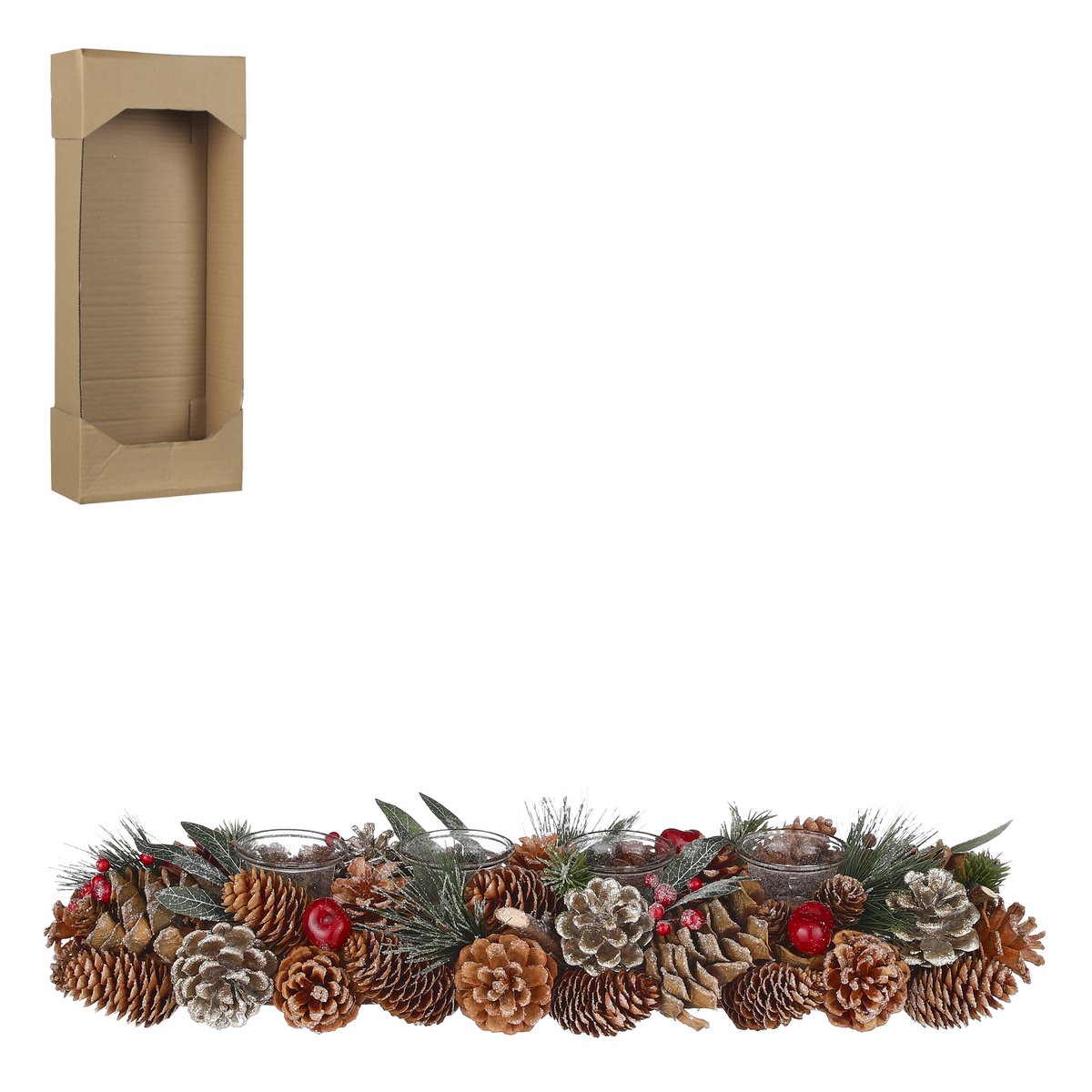 Kerststuk met Theelichthouder - L54 x B17 x H9 cm - Groen